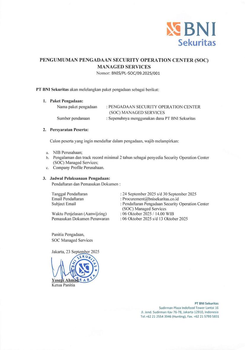 Pengumuman Pengadaan Security Operation Center (SOC) Managed Services